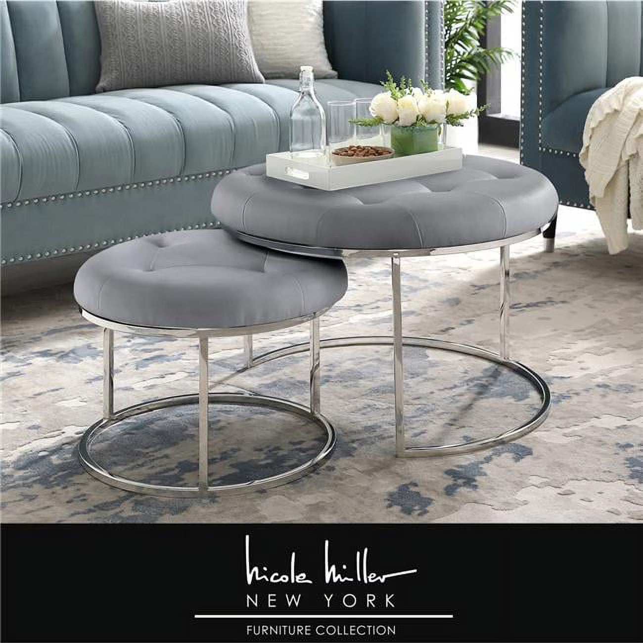Posh Living Aaden Tufted Faux Leather Nesting Ottoman in Gray/Chrome (Set of 2)