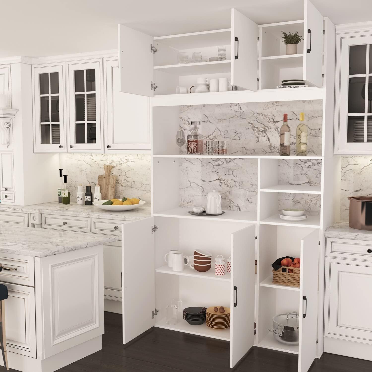 78" Kitchen Pantry Cabinet with Hutch White T996