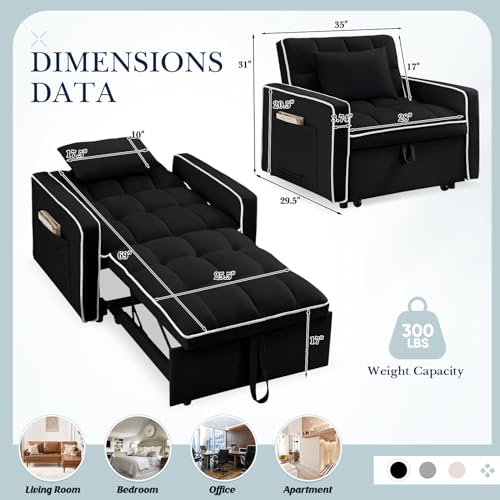 Velvet Tufted 3-in-1 Convertible Sleeper Chair Bed with Adjustable Backrest, Beige L3033