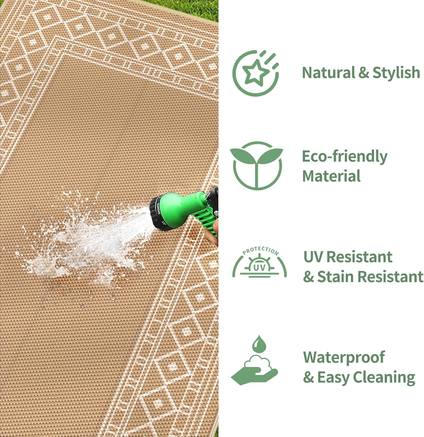 GENIMO Outdoor Rug 5' x 8' Waterproof Reversible Plastic Straw Rug for Patio, Camping, RV, Brown & Beige K43213