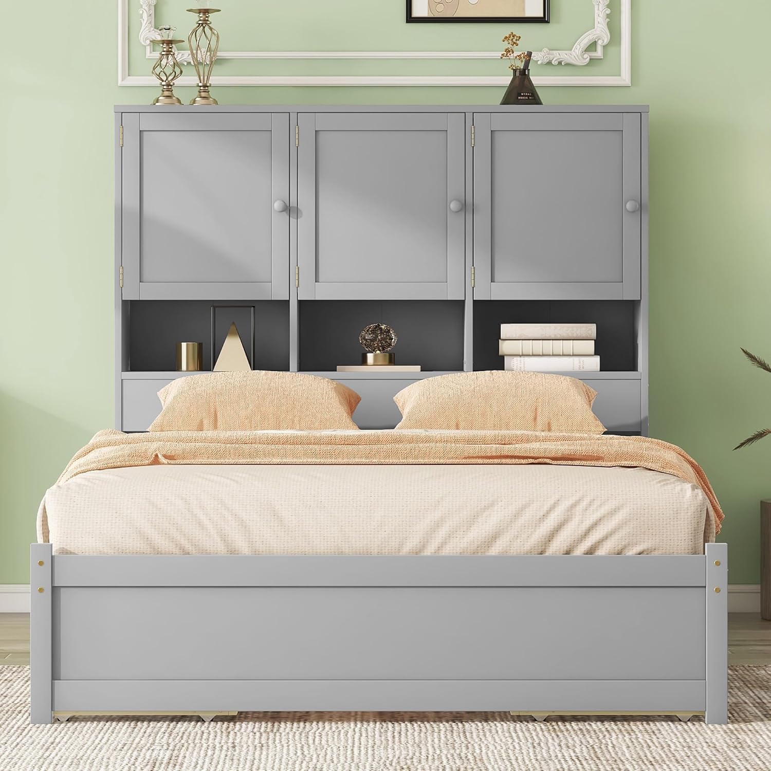 Queen Size Wooden Platform Bed Frame with Storage Headboard, Gray H629094