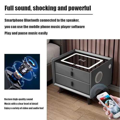 Nightstand with Wireless Charging Station, LED, 2 Drawers, Fingerprint Lock and Speaker (White 2) T603