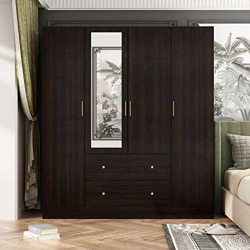 FAMAPY 4-Door Wardrobe Closet with Mirror, White O943