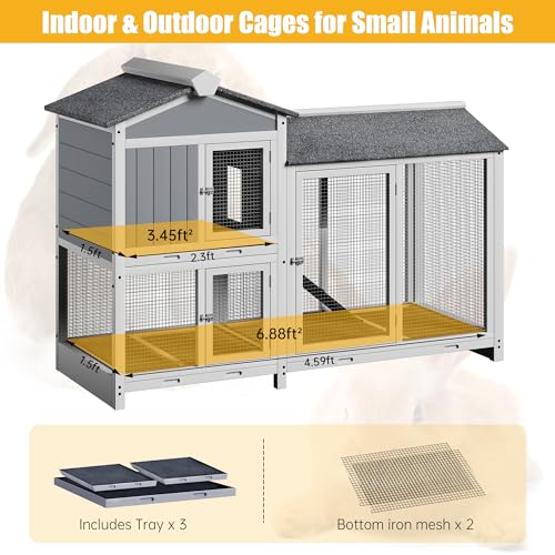 Rabbit Hutch Indoor Outdoor Bunny Cage 63" with Removable Trays, Grey L29660