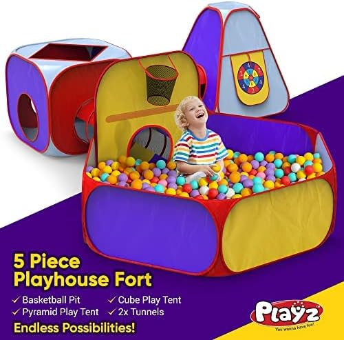 Playz 5pc Kids Playhouse Jungle Gym with Pop Up Tents, Tunnels, and Basketball Pit J5115