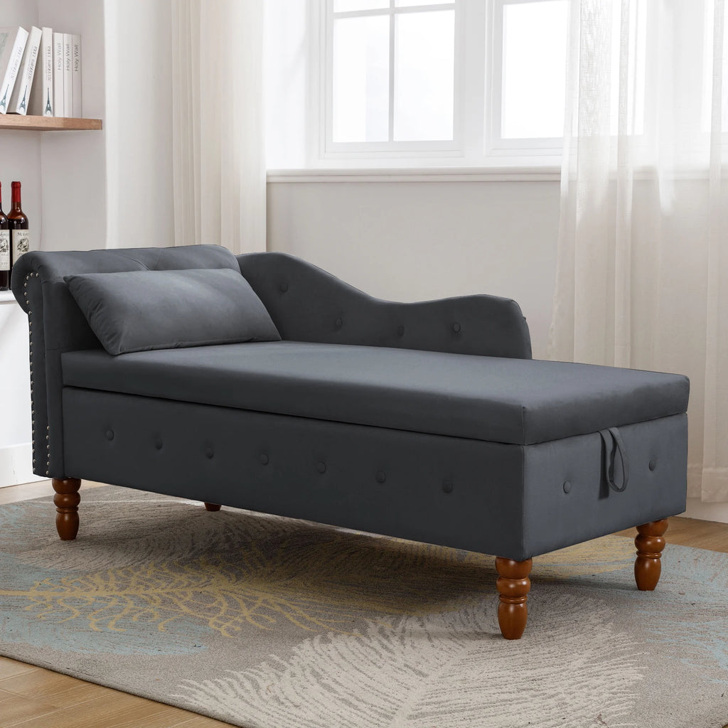 Black Velvet Chaise Lounge with Storage and Pillow L22734