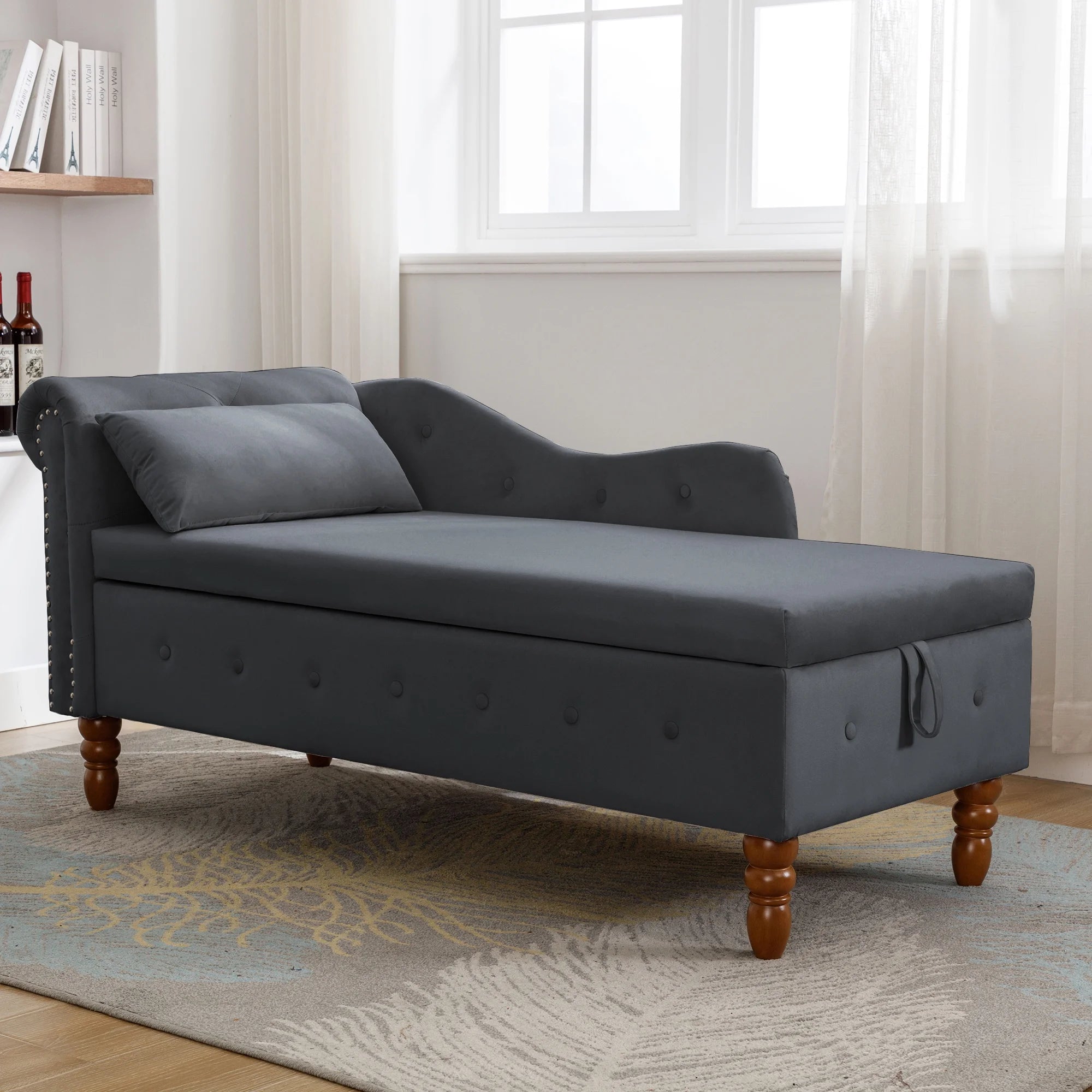 Black Velvet Chaise Lounge with Storage and Pillow L22734