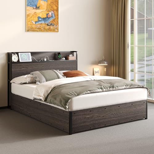Albott Full Size Bed Frame with Lift Up Storage, Wooden Platform, Rustic Brown G6985