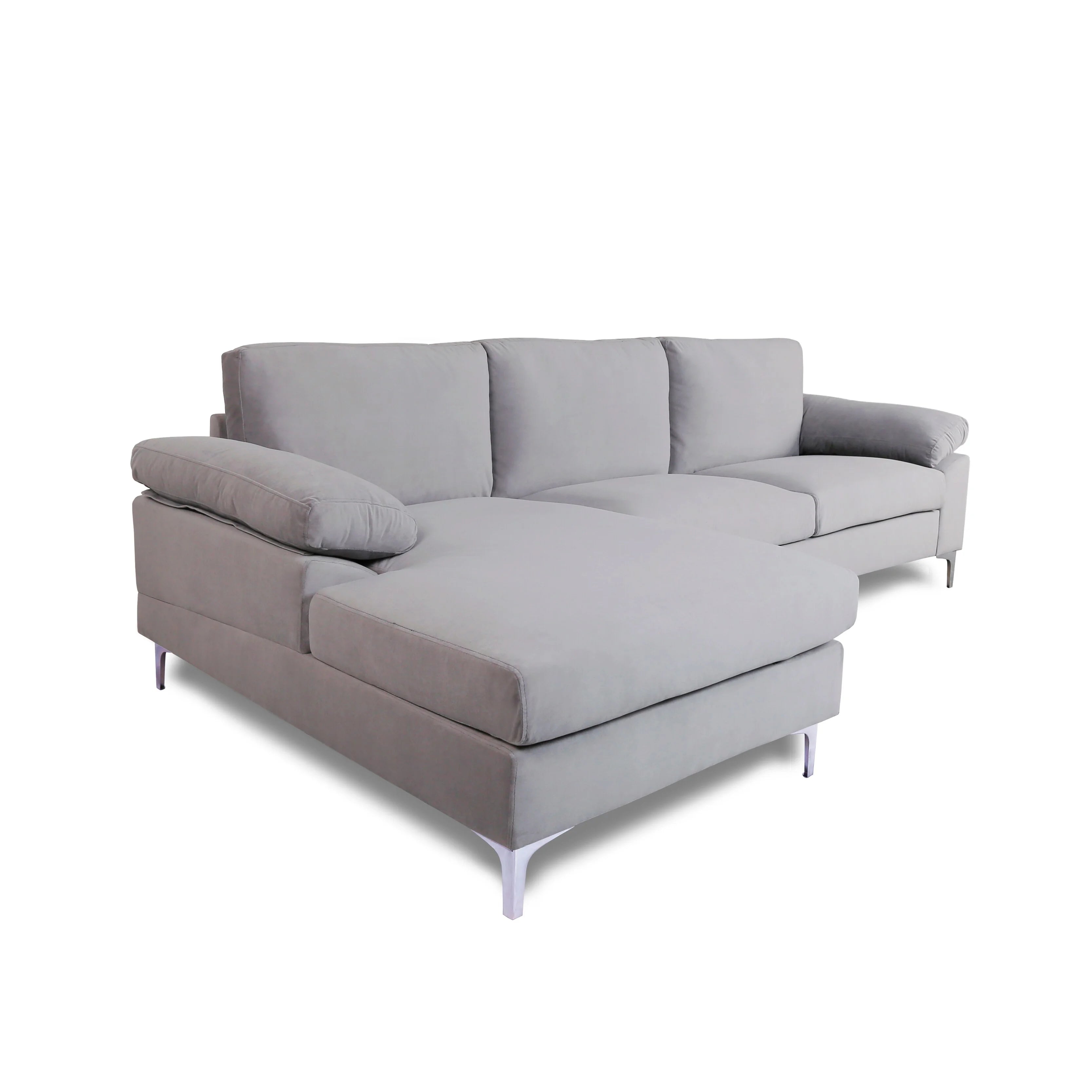 Fooing Modern Velvet L-Shape Sofa with Extra Wide Chaise, Gray M738
