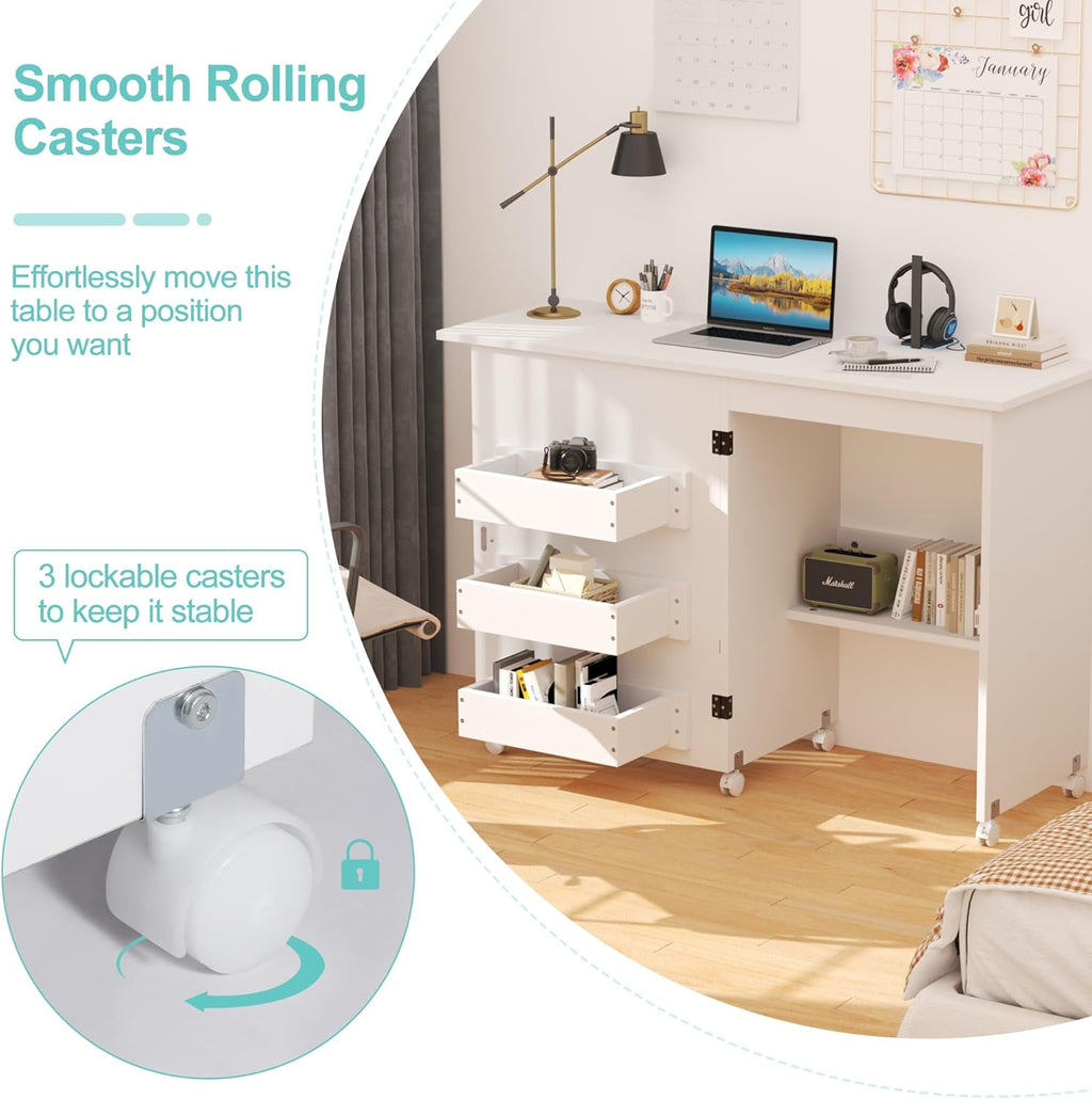 Folding Sewing Table with 3 Storage Shelves and Lockable Casters (White) C3044