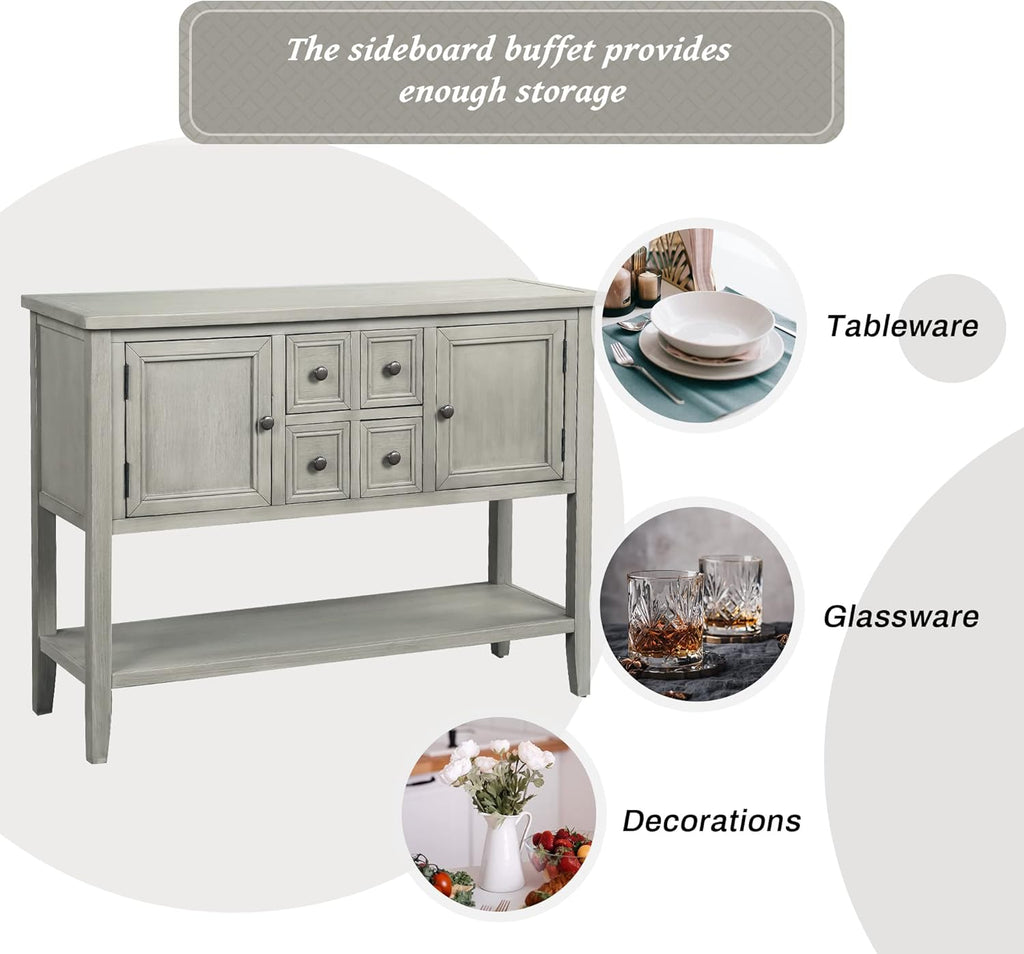 Farmhouse Vintage Console Table with 4 Drawers and Bottom Shelf, Solid Wood, Antique Gray F702450