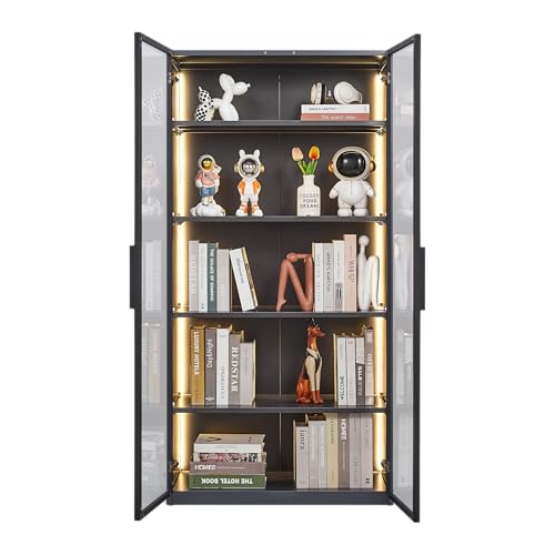 Display Cabinet with Light Strips, 5 Shelves, Glass Door, Floor Standing A25590