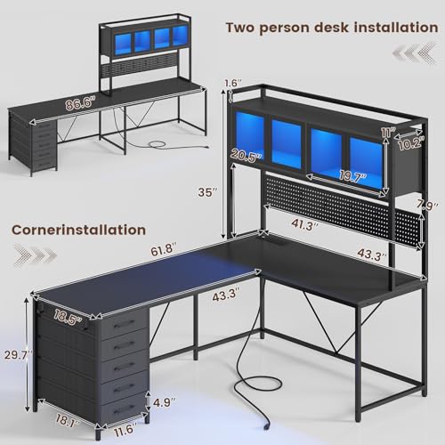 L Shaped Gaming Desk with Drawers and Storage Shelves P3118
