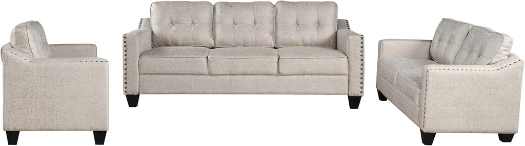 FANYE 3 Pieces Living Room Furniture Set, Loveseat and Armchair, Linen Fabric, Beige V6796