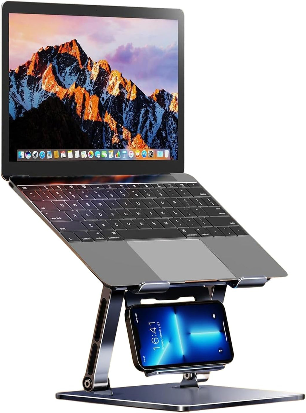 Adjustable Height Laptop Stand for Desk with Phone Holder, Ergonomic Design Foldable Computer Holder Laptop Riser Compatible with MacBook Pro/Air Notebook up to 16 inches Laptops, 4.7-6.7" Phone