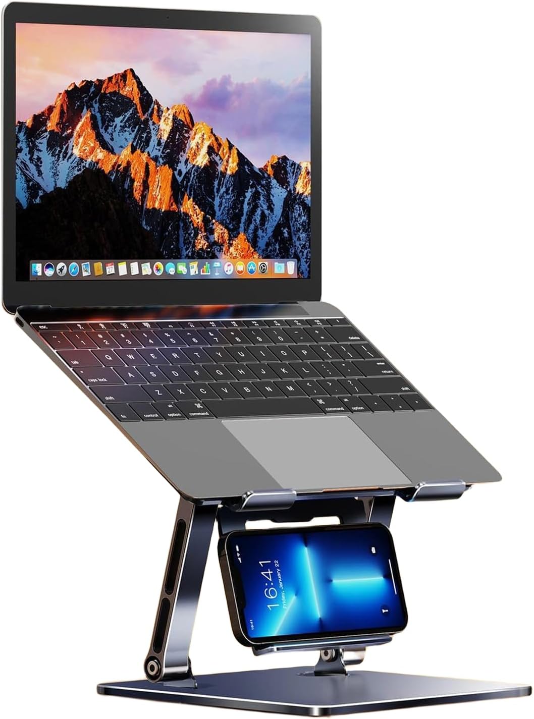 Adjustable Height Laptop Stand for Desk with Phone Holder, Ergonomic Design Foldable Computer Holder Laptop Riser Compatible with MacBook Pro/Air Notebook up to 16 inches Laptops, 4.7-6.7" Phone