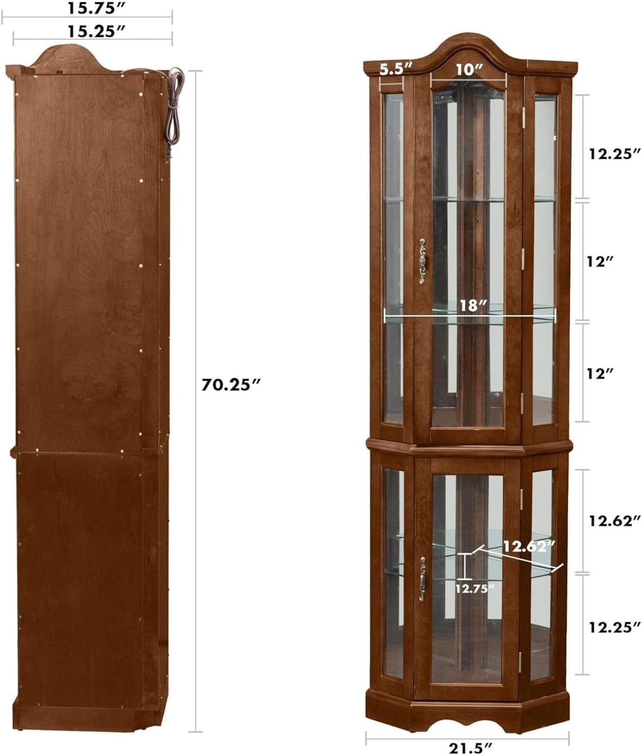 Walnut Corner Curio Cabinet with Glass Doors and Shelves, 70.25" Height V80144