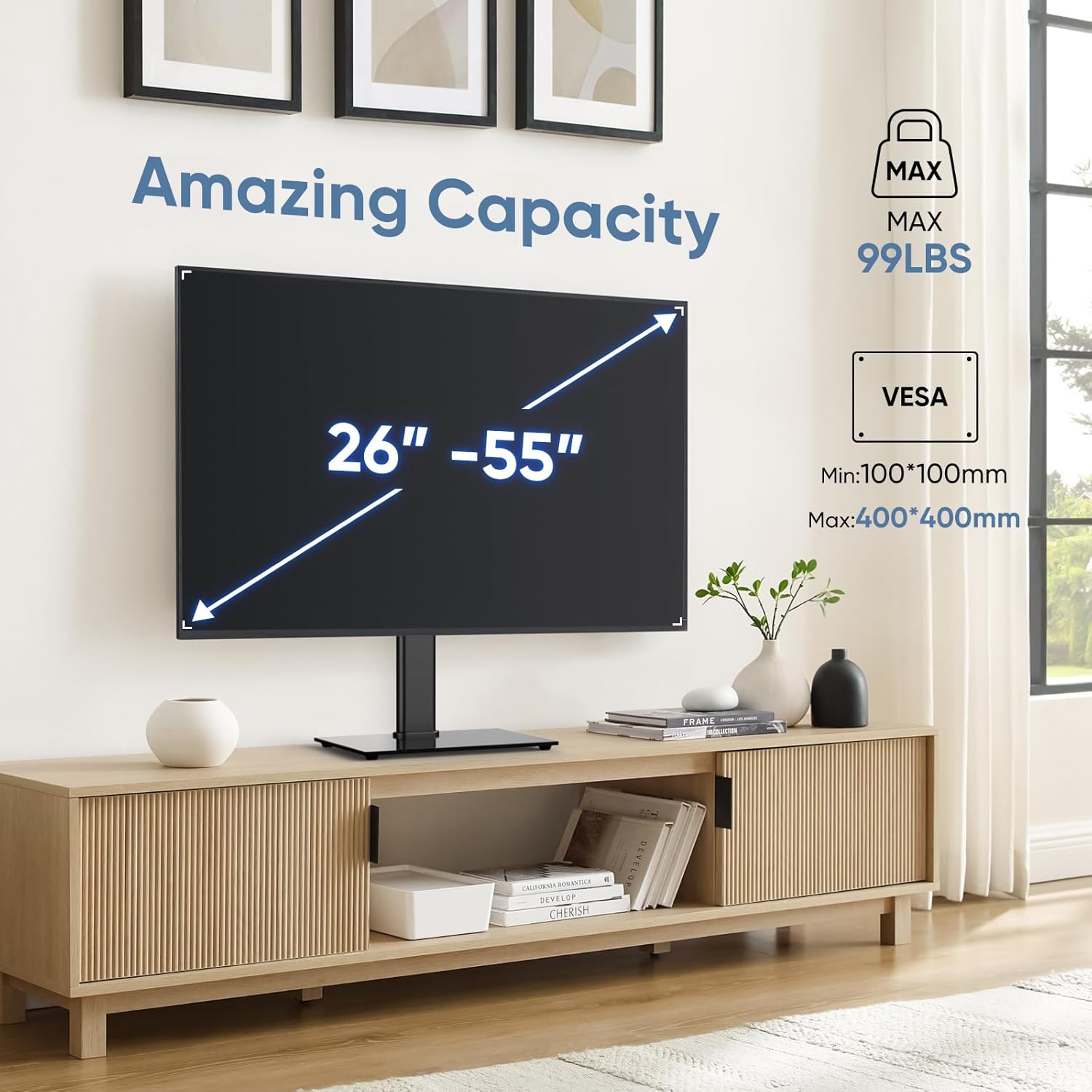 OLIXIS Universal TV Mount Stand for 26-55 inch TVs, Height Adjustable, Tempered Glass Base E252282