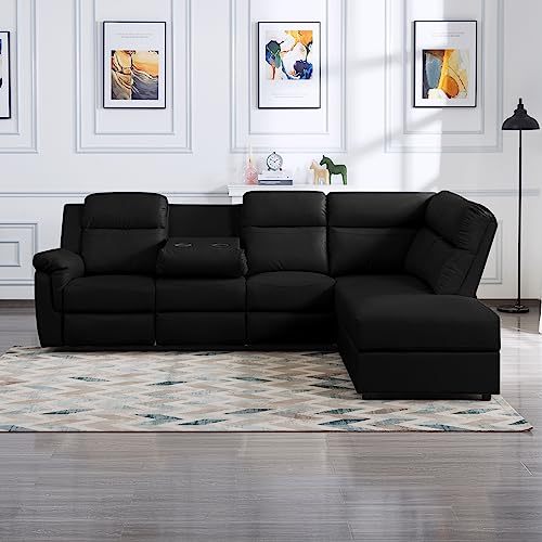 Sectional, L-Shaped Sofa,Oversized Modern PU Leather Manual Reclining Home Theater Seating with Console Storage and Cup Holders,Furniture Living Room Sets, Beige-B