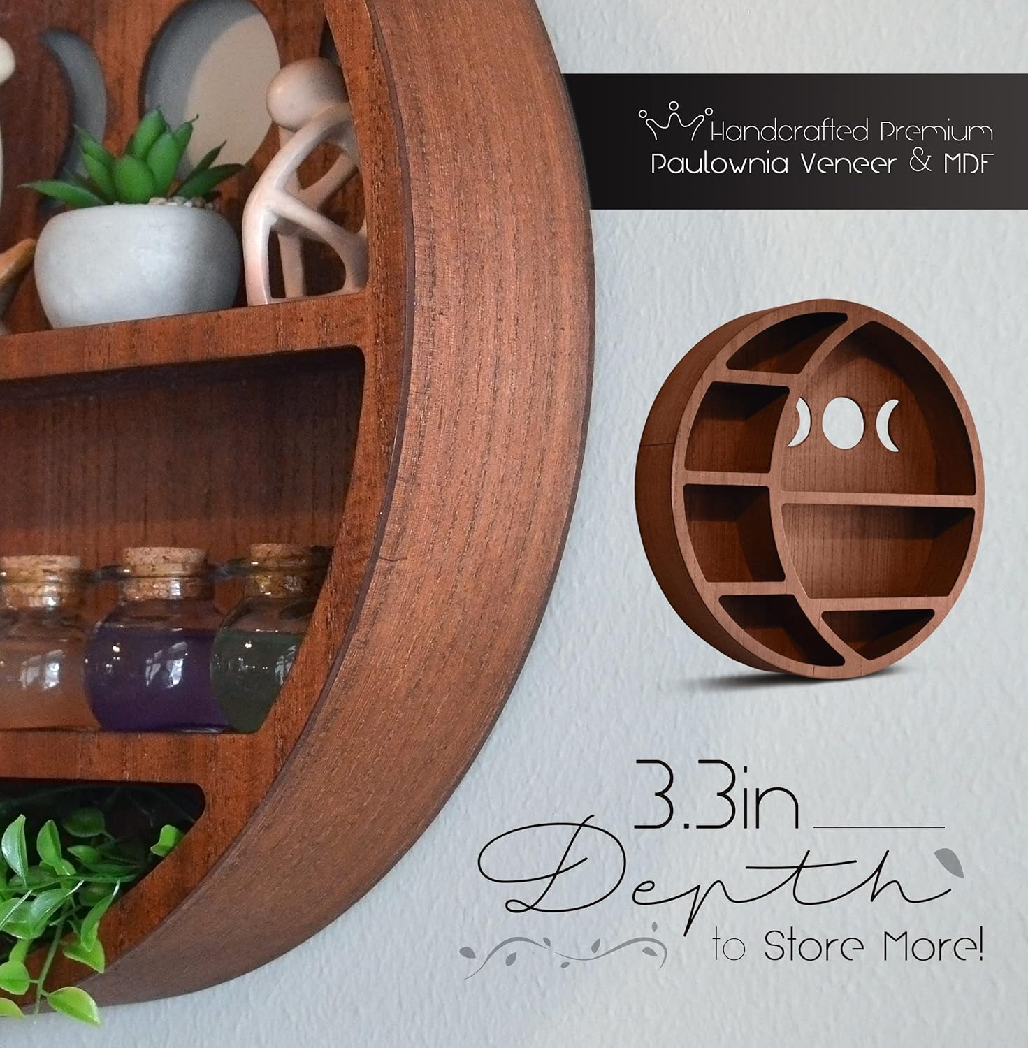 Crescent Moon Shelf for Crystals, Wooden Wall Decoration, Brown, 17 x 17 x 3.4 inches I55178