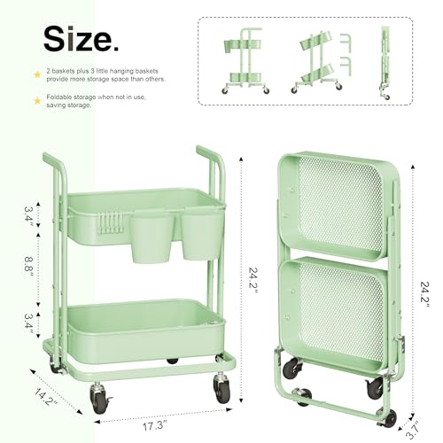 2 Tier Rolling Metal Utility Cart with Wheels, Foldable Storage Trolley, Pastel Green S335767
