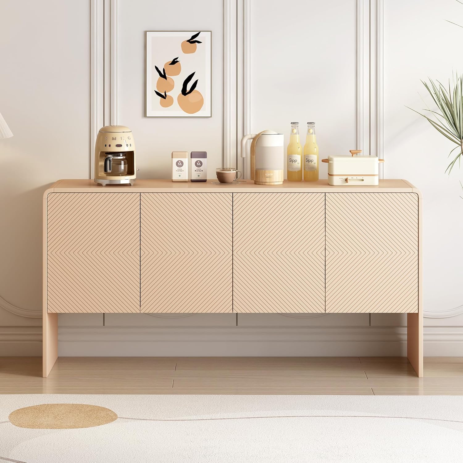 60" Storage Sideboard with 4 Doors, Adjustable Shelves, Apricot Cream Q7969