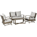 Outsunny 4 Piece Wicker Patio Furniture Set with 2 Rocking Chairs, Loveseat Sofa, Outdoor PE Rattan Conversation Set with Cushions, Aluminum Table for Porch, Poolside, Light Gray