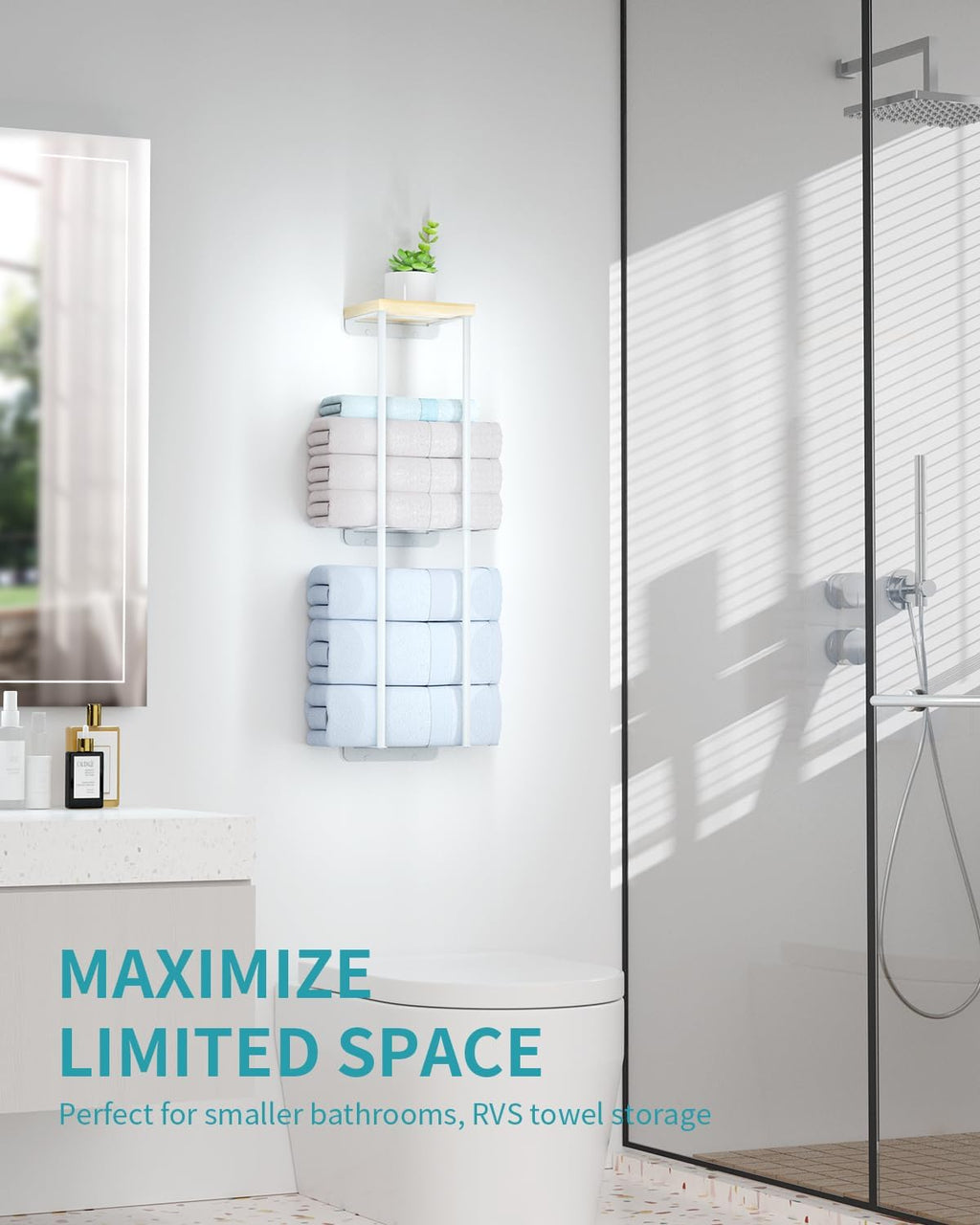 2 Tier Wall Towel Holder with Wood Shelf for Bathroom, White J676