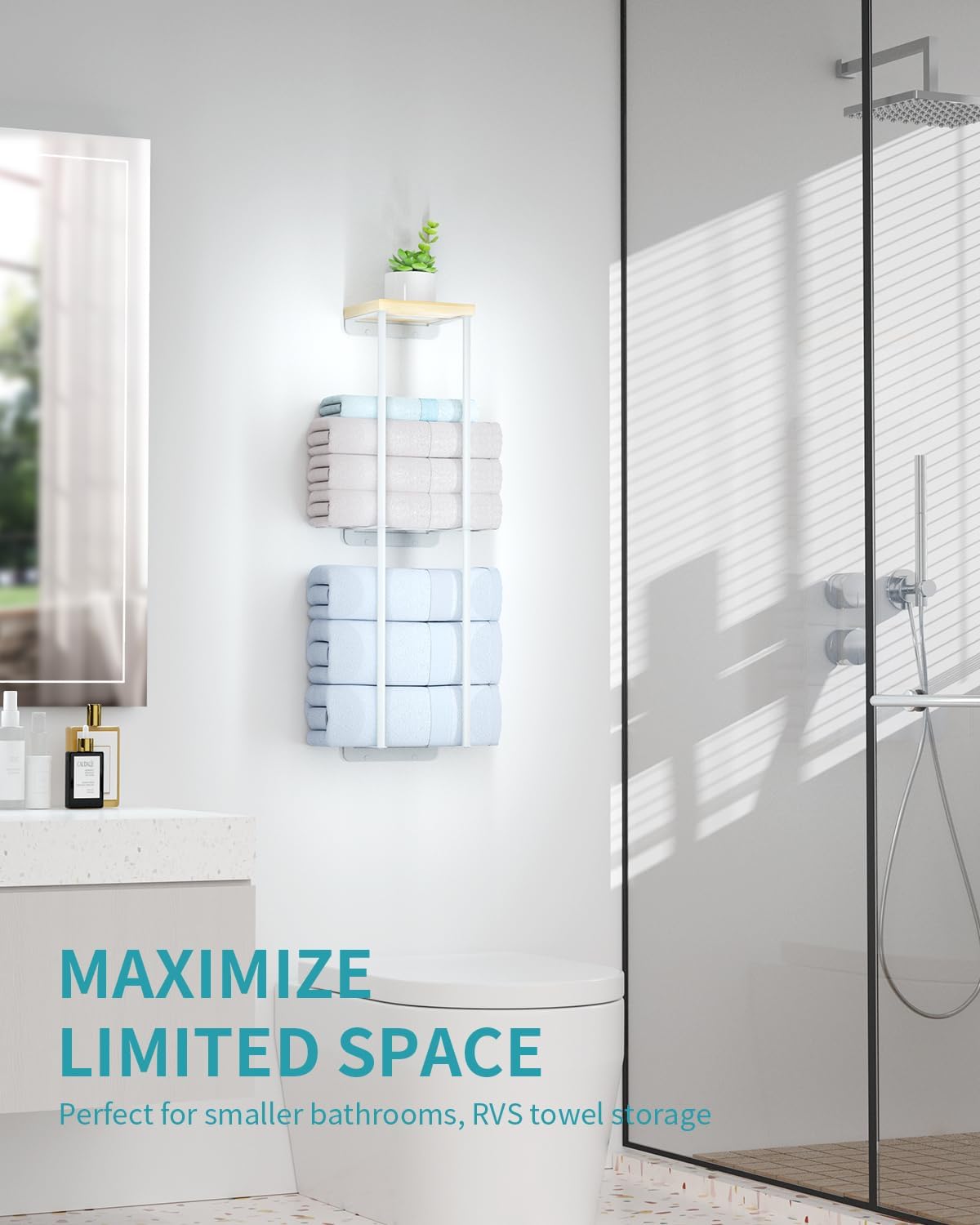 2 Tier Wall Towel Holder with Wood Shelf for Bathroom, White J676
