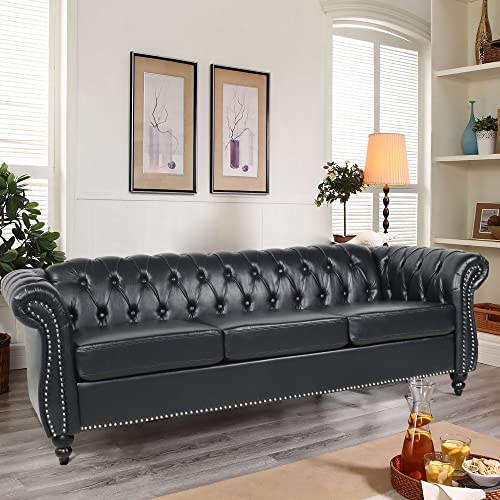 Chesterfield Leather Sofa 84" Tufted 3 Seater with Rolled Arms, Dark Brown F8129