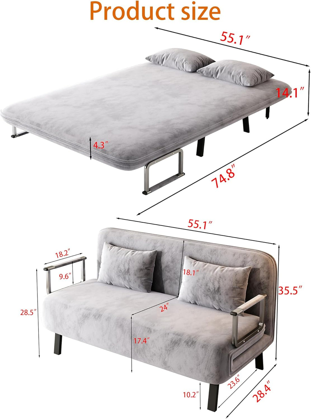 Folding Chair Bed Convertible Sleeper Sofa with Adjustable Backrest Z330037