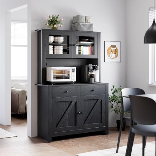 Kitchen Pantry Cabinet with Microwave Stand, Freestanding Hutch Cabinet with Buffet Cupboard, Tall Kitchen Cabinets with Adjustable Shelves for Kitchen, Dining Room, White