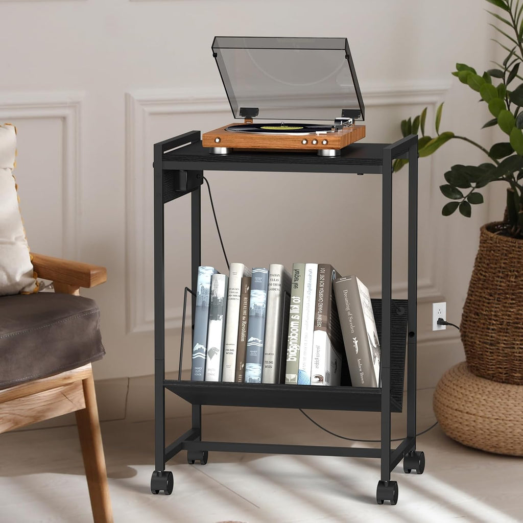 NOVIMANGO Black Record Player Table with Charging Station X96306