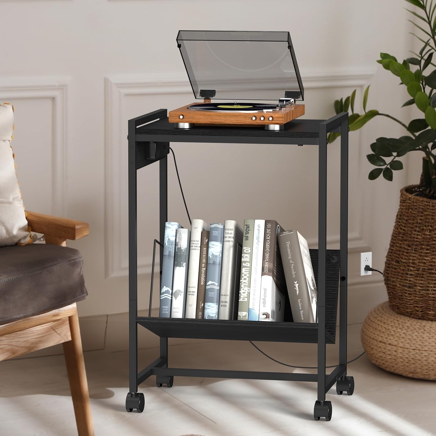NOVIMANGO Black Record Player Table with Charging Station X96306