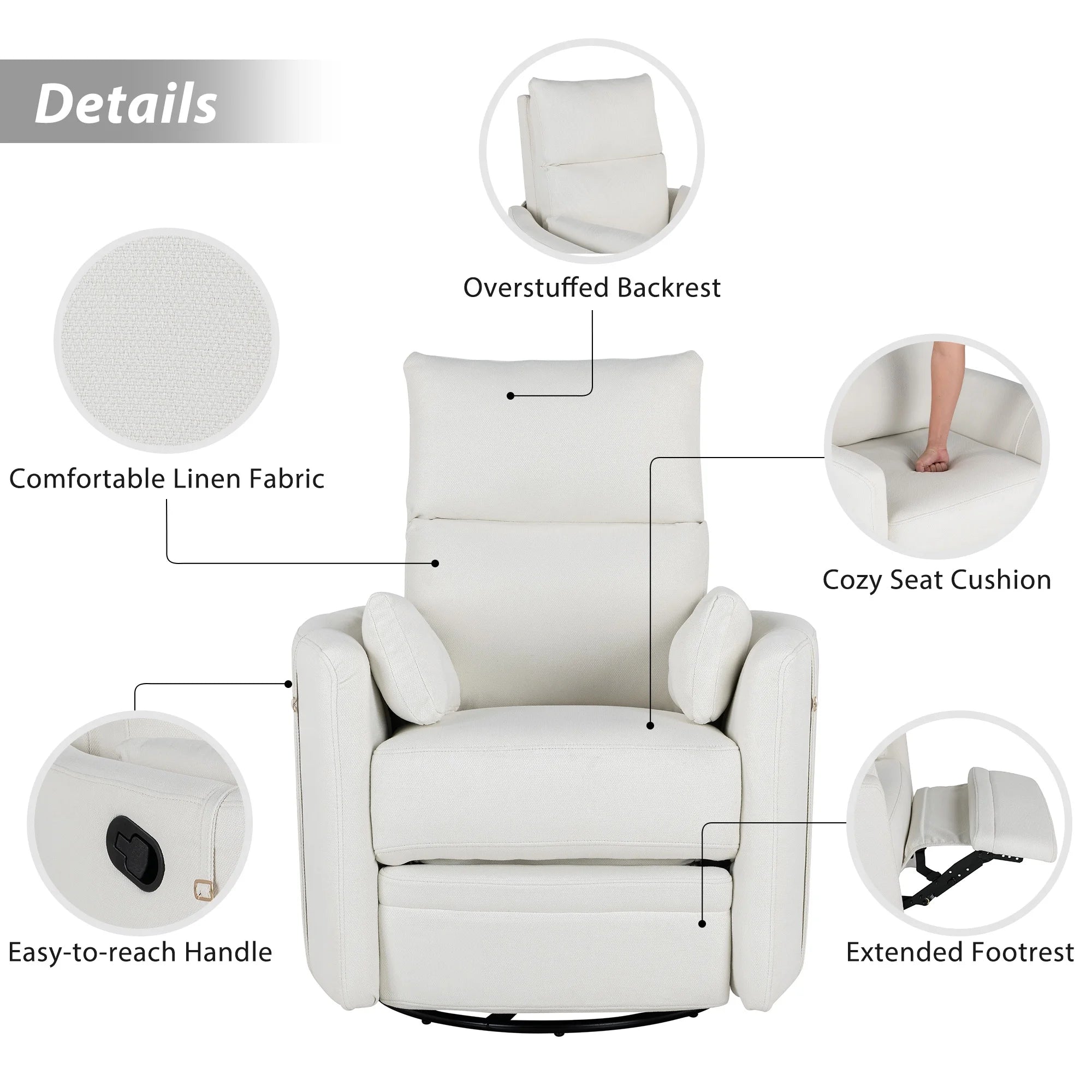 BedLuxury Swivel Recliner Chair with Two Removable Pillows, Beige N329842