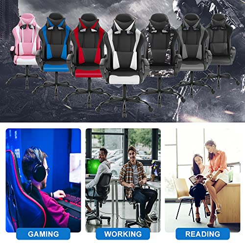 High Back Gaming Chair Ergonomic PU Leather with Lumbar Support Headrest, White E917513