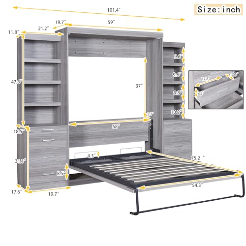 Solid Wood Full Size Murphy Bed with Shelves, Grey-FL4 K329579