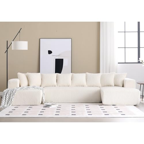 Modular Sectional Couch U-Shaped Sofa with Chaise Lounge, Striped Corduroy, White A846