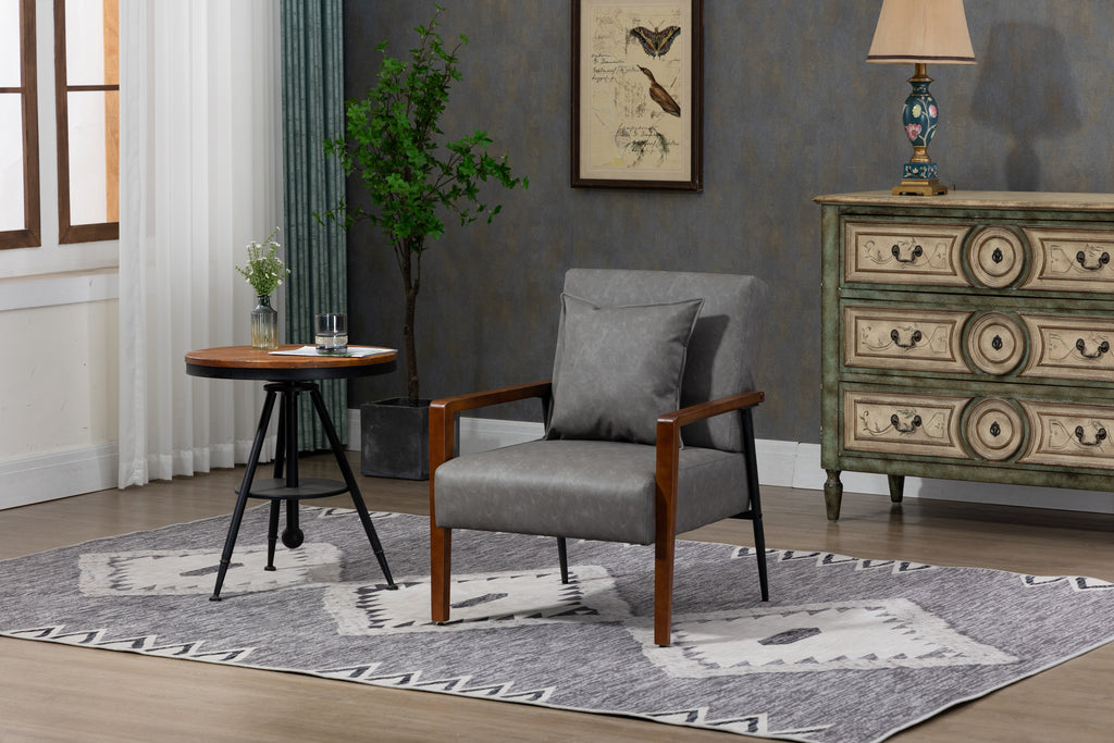 Mid-Century Modern Leather Armchair with Solid Wood Armrest S55508