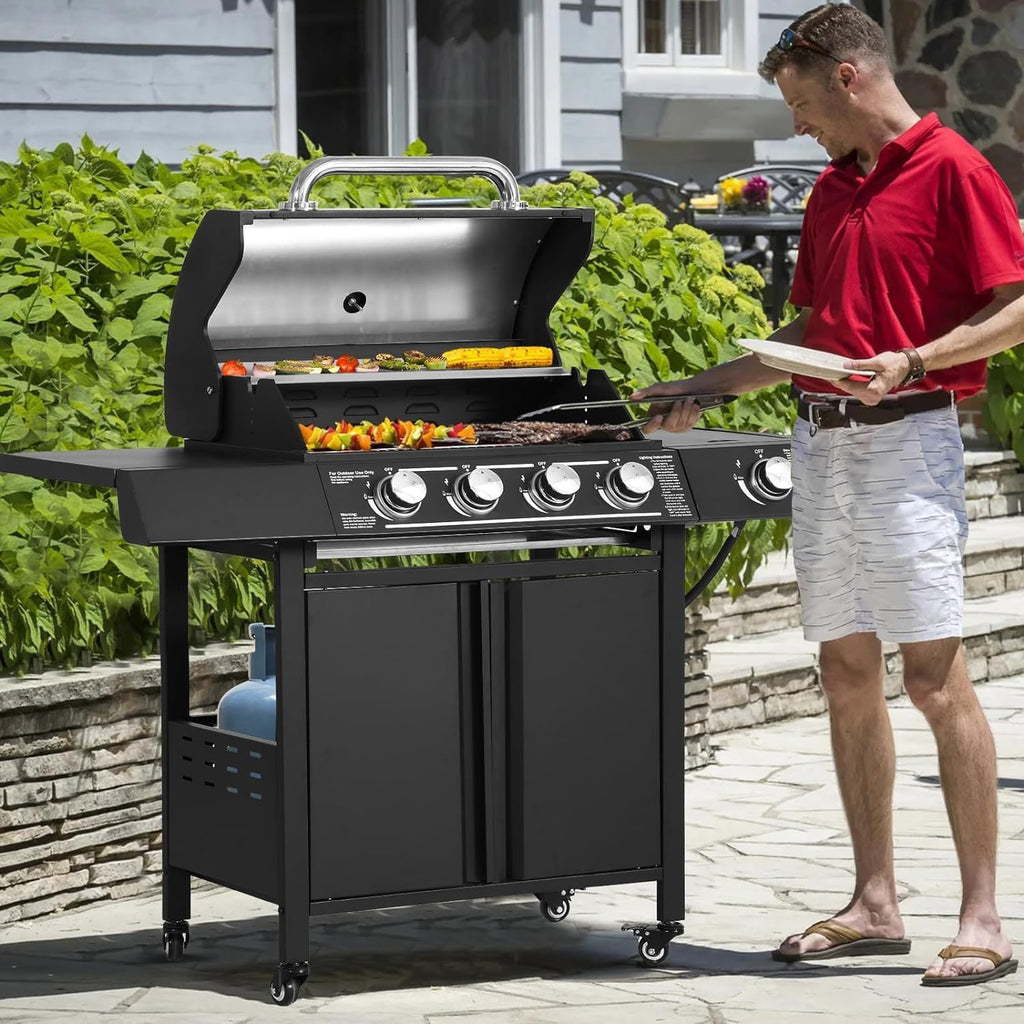 MAGIC UNION 4-Burner Propane Gas BBQ Grill with Side Burner, Cast Iron, Stainless Steel Grates P162