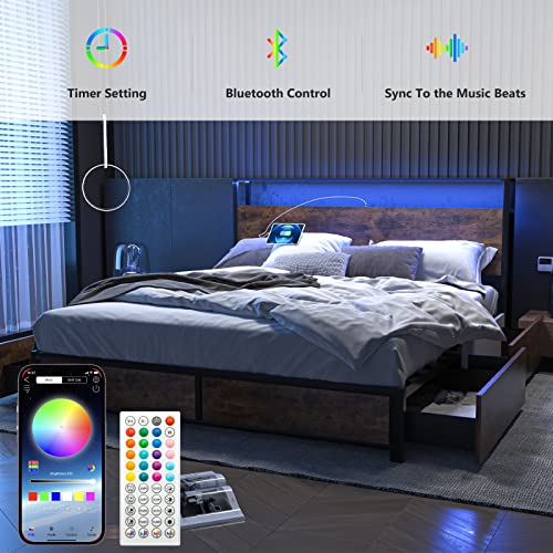 Gitua Full Size Bed Frame with Storage Drawers, LED Lights and Charging Station, Rustic Brown B13916