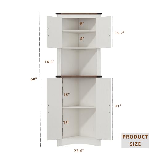 68" Tall Farmhouse Corner Cabinet with 4 Doors and Adjustable Shelves, Antique White C820