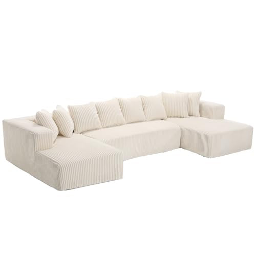 Modular Sectional Couch U-Shaped Sofa with Chaise Lounge, Striped Corduroy, White A846
