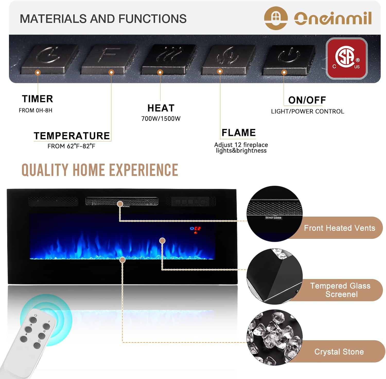 oneinmil Fireplace TV Stand with 36" Electric Fireplace, Fits TVs Up to 80", Black Q703
