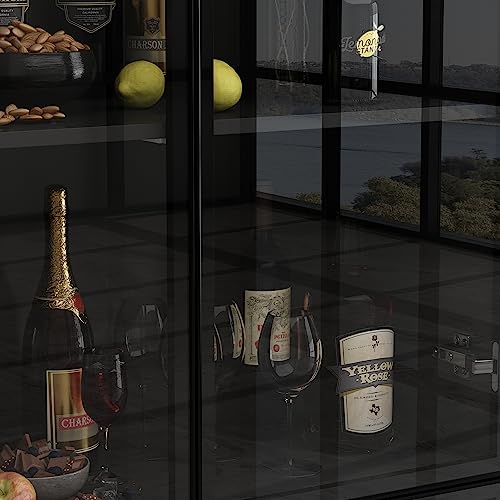 Hitow Glass Door Cabinet with Lights, 4 Shelves and 2 Drawers, Black F6428