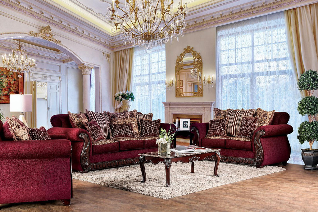 Traditional Wine & Gold Fabric Living Room Set 3pcs Furniture of America Tabitha