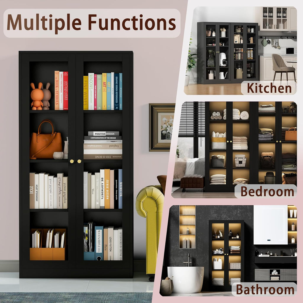 63'' Glass Display Cabinet with LED Light and Adjustable Shelves A261714