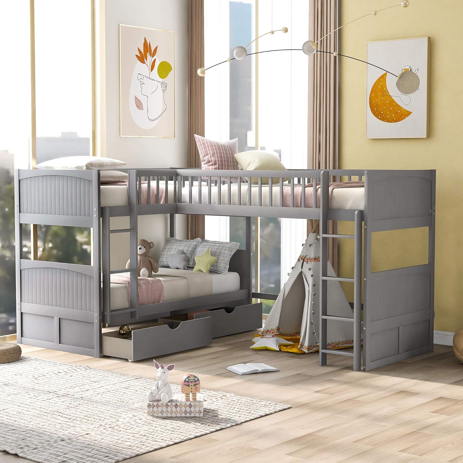 Twin over Twin L-Shaped Triple Bunk Beds with Storage Drawers, Gray Z2907