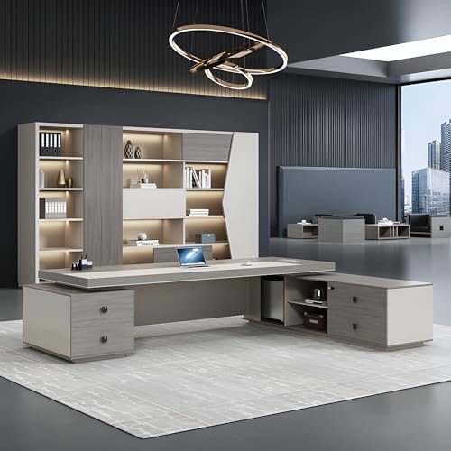 Modern Gray L-Shaped Executive Desk with Cord Management and Side Cabinet Z532159