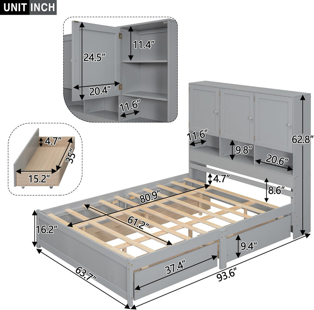 Queen Size Wooden Platform Bed Frame with Storage Headboard, Gray H629094